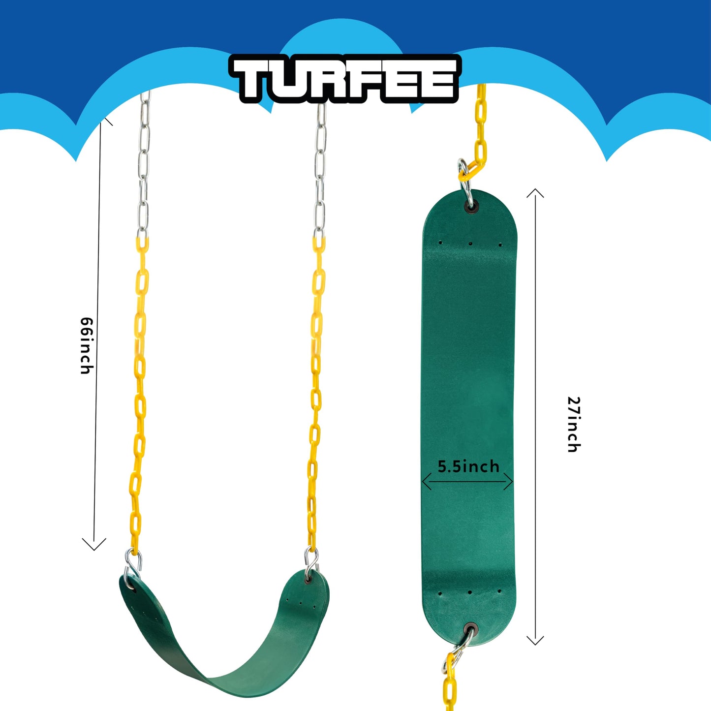 TURFEE 2 Pack Green Swing Seats with 66-inch Chains – Heavy Duty Swing Set Replacement