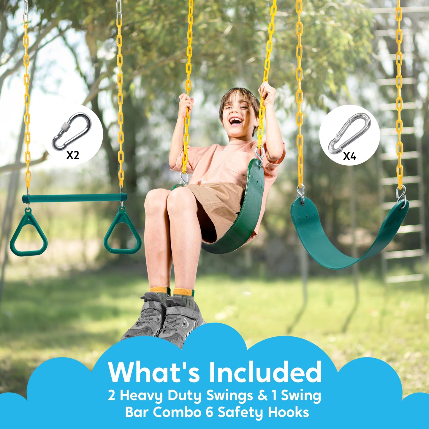 TURFEE 3 Pack Swing Set with Ring Trapeze Bar & 2 Swings – Green