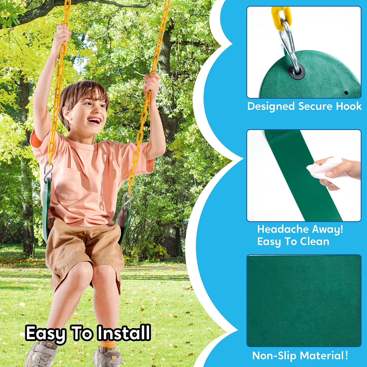 TURFEE 2 Pack Green Swing Seats with 66-inch Chains – Heavy Duty Swing Set Replacement