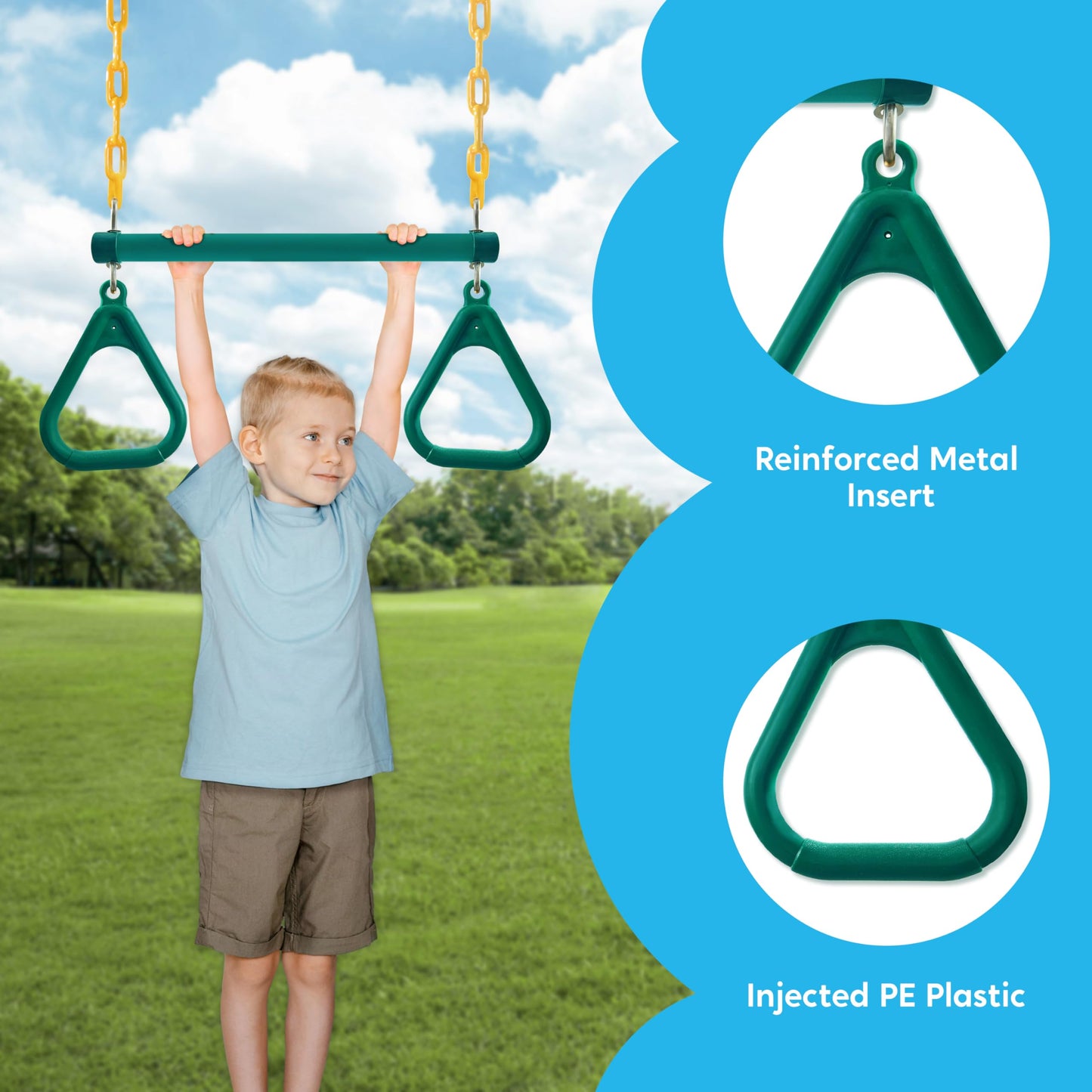 TURFEE 3 Pack Swing Set with Ring Trapeze Bar & 2 Swings – Green