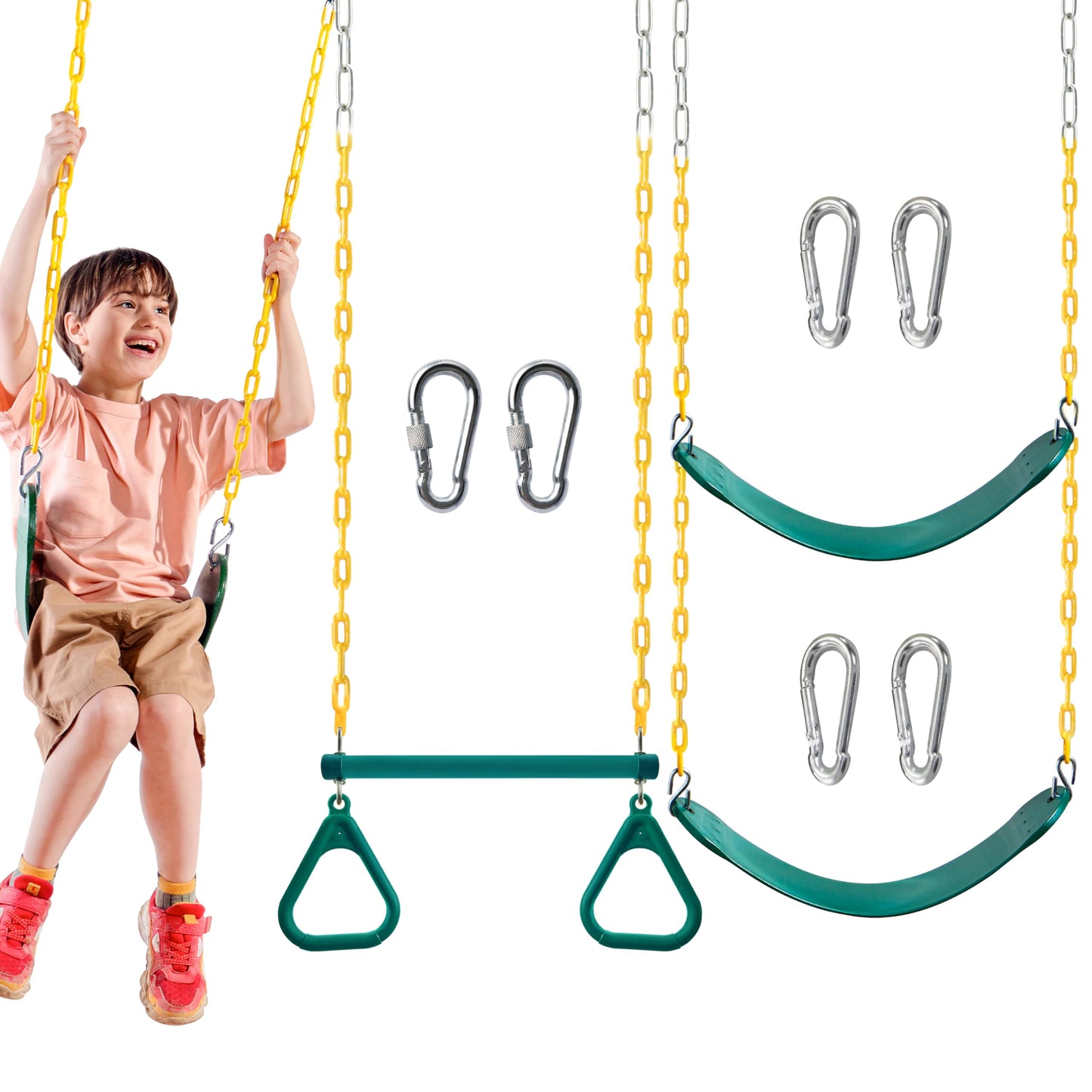 TURFEE 3 Pack Swing Set with Ring Trapeze Bar & 2 Swings – Green