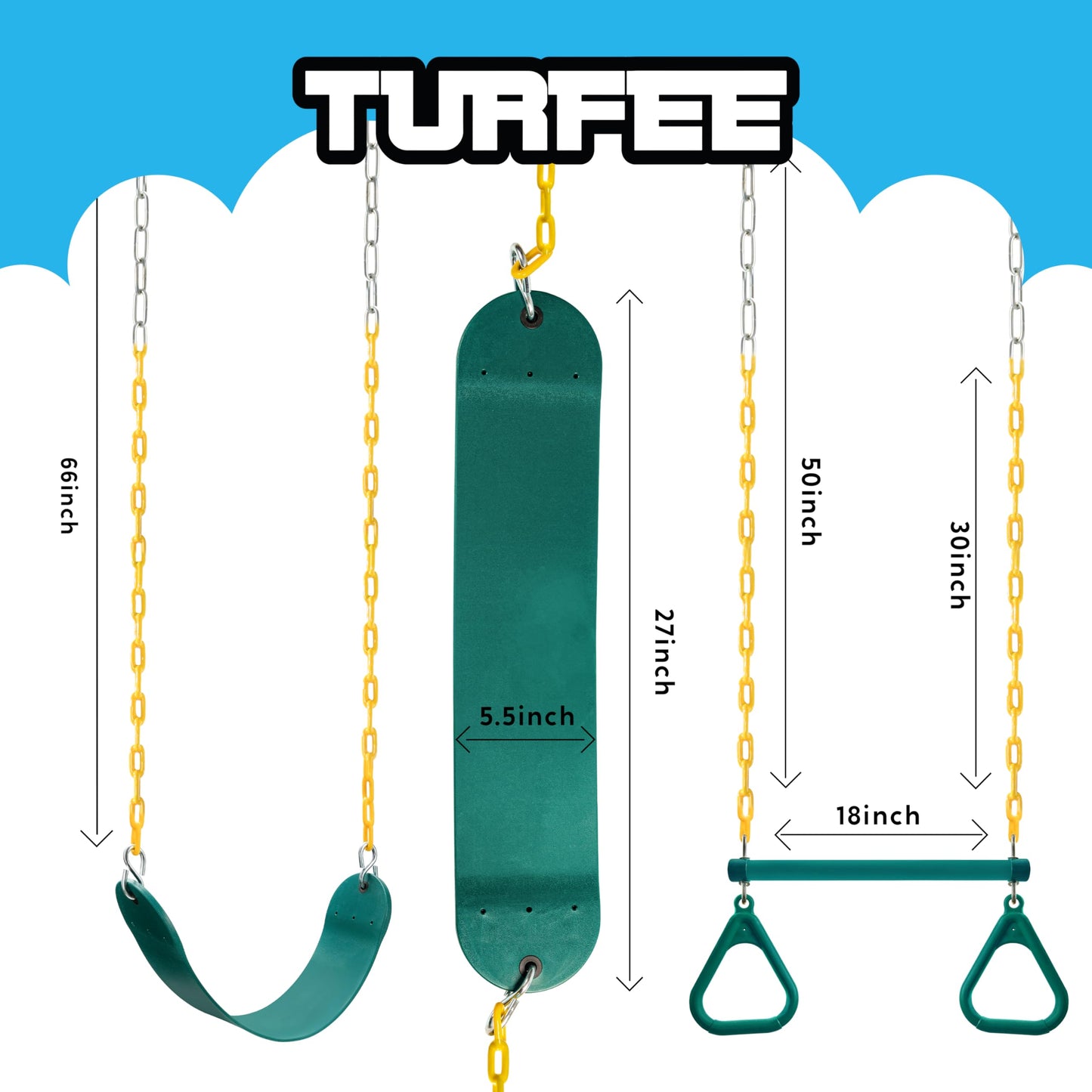 TURFEE 3 Pack Swing Set with Ring Trapeze Bar & 2 Swings – Green