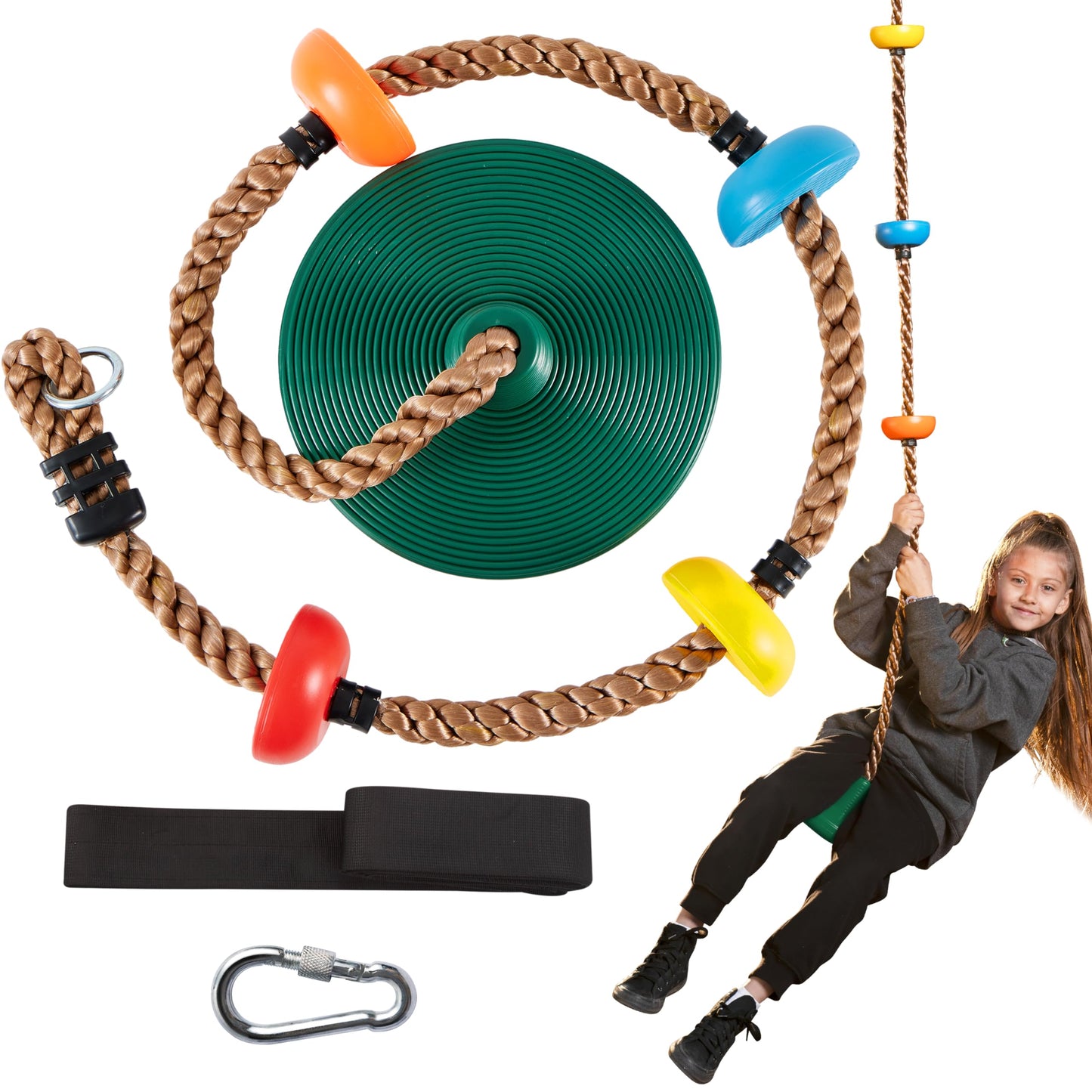 TURFEE Tree Swing for Kids — Disc Seat, Climbing Rope, Carabiner & 4 ft Strap | Green