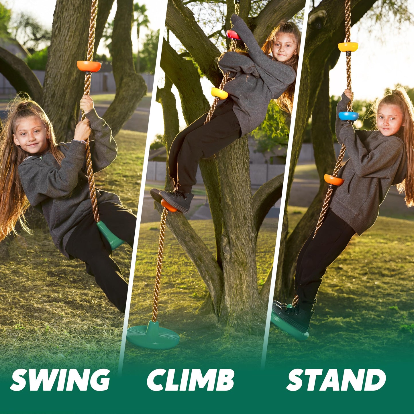 TURFEE Tree Swing for Kids — Disc Seat, Climbing Rope, Carabiner & 4 ft Strap | Green