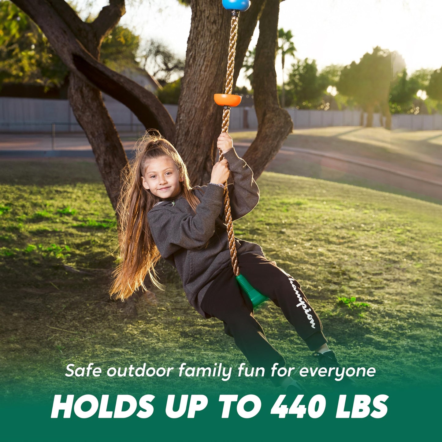 TURFEE Tree Swing for Kids — Disc Seat, Climbing Rope, Carabiner & 4 ft Strap | Green