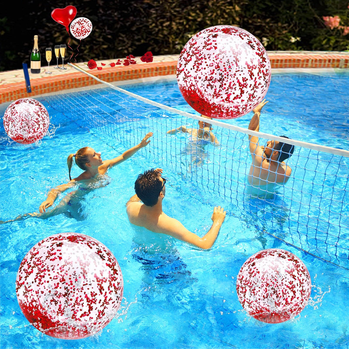 TURNMEON 5 Pack Sequins Beach Balls – Jumbo 24 Inch and 16 Inch Glitter Inflatable Pool Toys