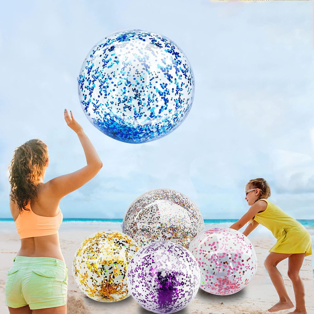 TURNMEON 5-Piece Glitter Beach Ball Set – 16-inch & 24-inch Confetti Pool Balls