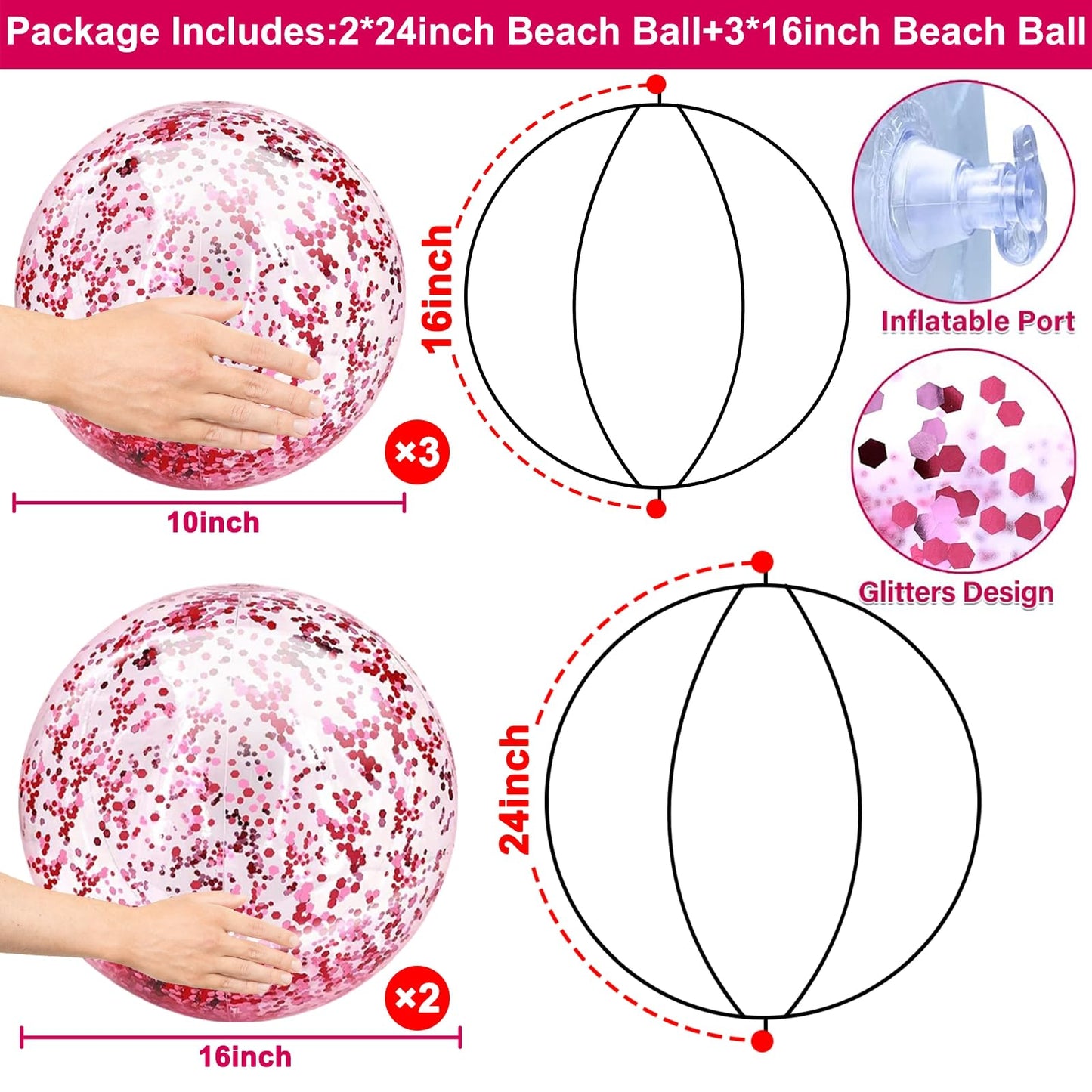 TURNMEON 5-Piece Glitter Beach Balls – 24in & 16in Pool Toys for Summer