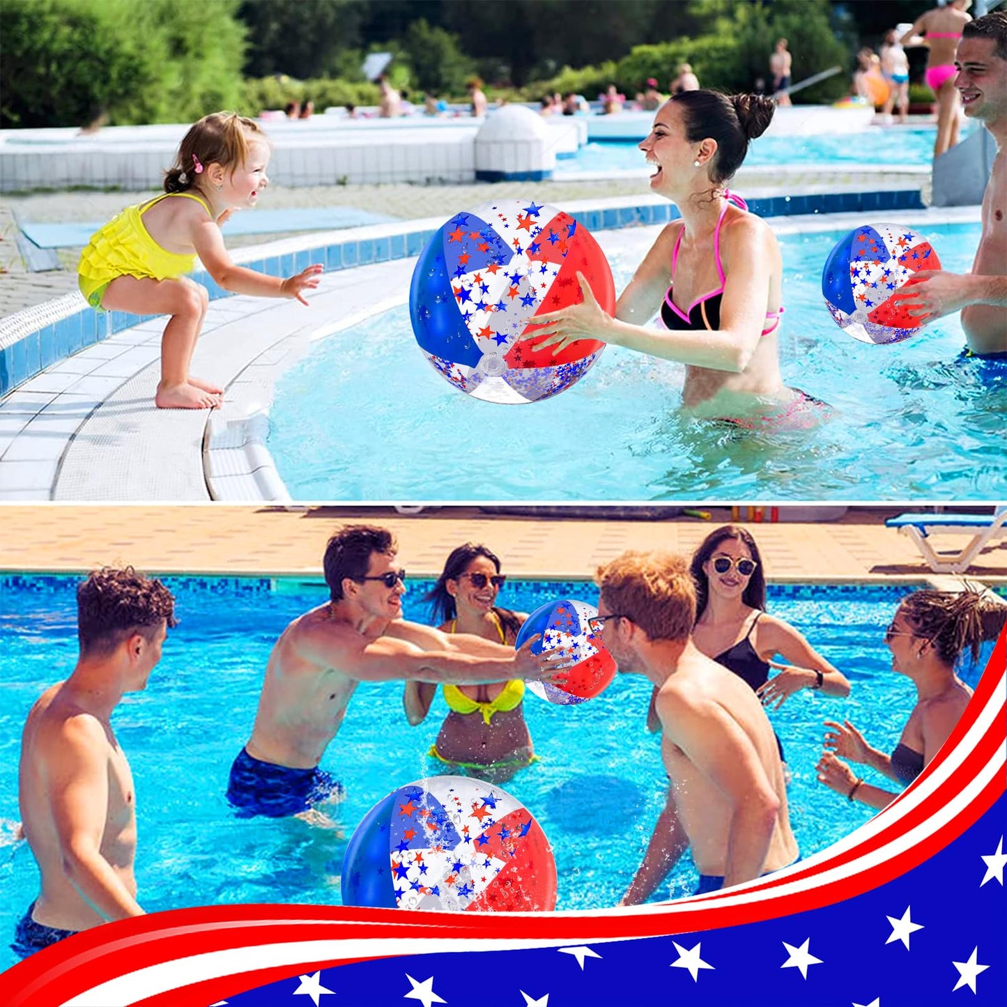TURNMEON 5 Pack Patriotic Sequin Beach Balls – 24in & 16in Red White Blue Glitter Inflatable Balls