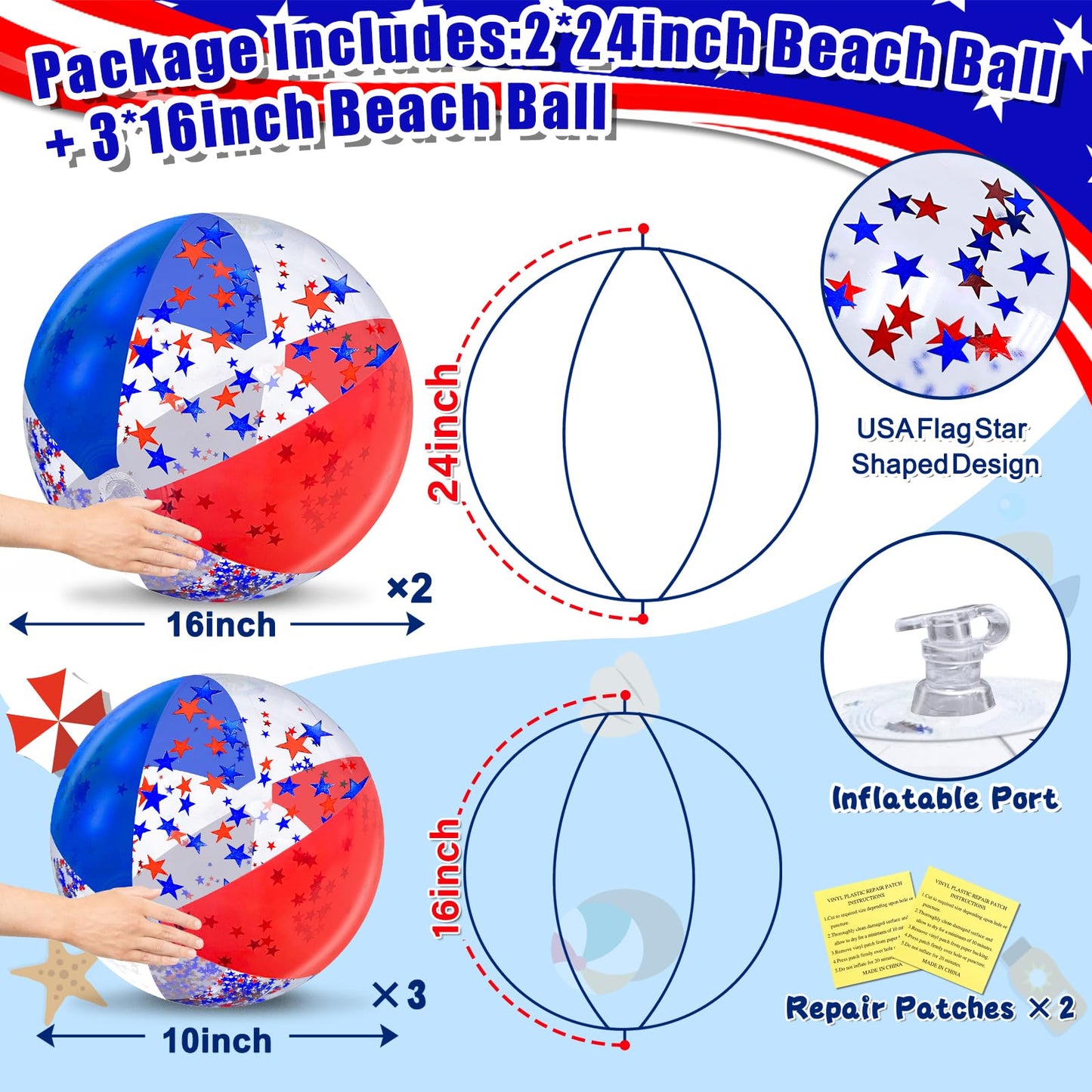 TURNMEON 5 Pack Patriotic Sequin Beach Balls – 24in & 16in Red White Blue Glitter Inflatable Balls