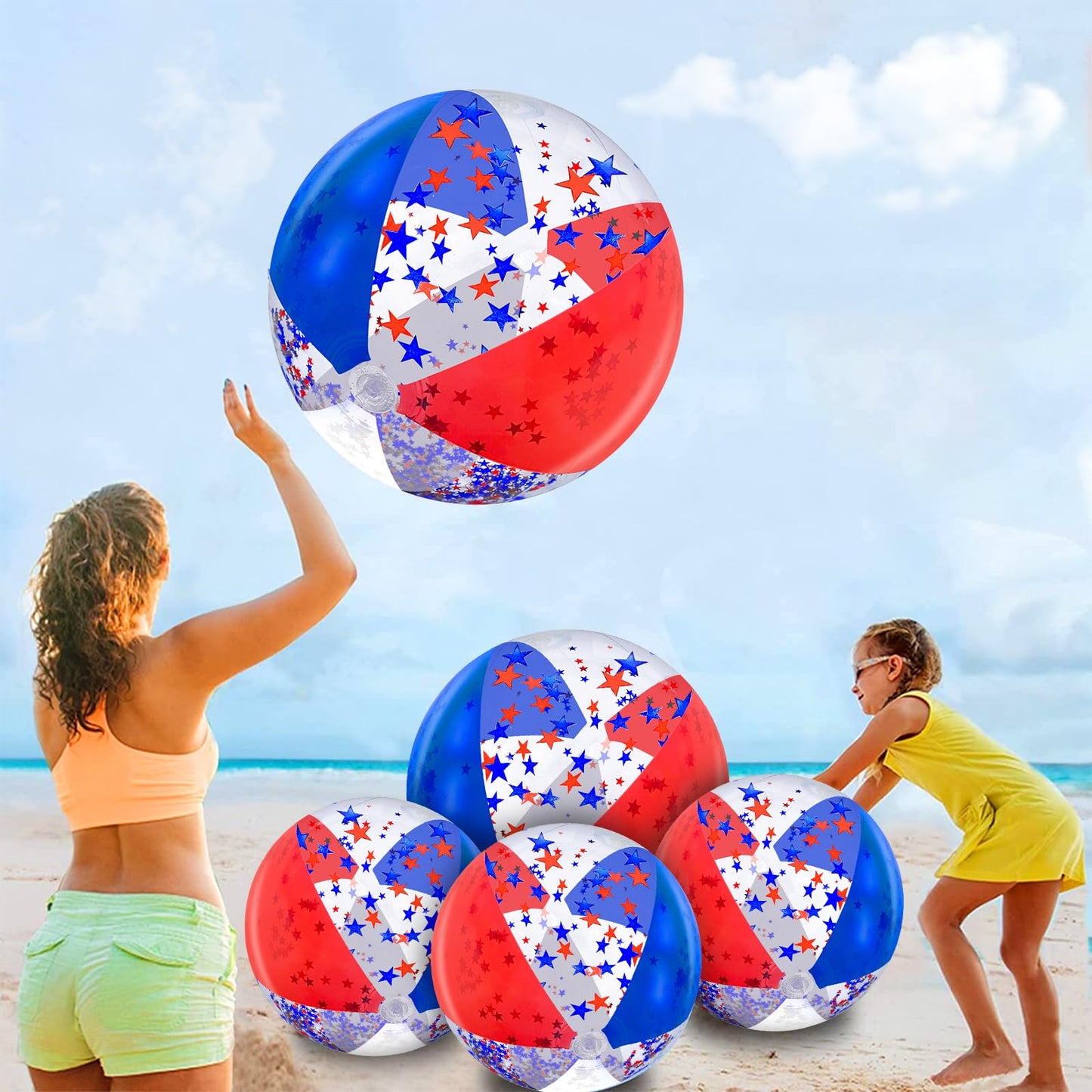 TURNMEON 5 Pack Patriotic Sequin Beach Balls – 24in & 16in Red White Blue Glitter Inflatable Balls