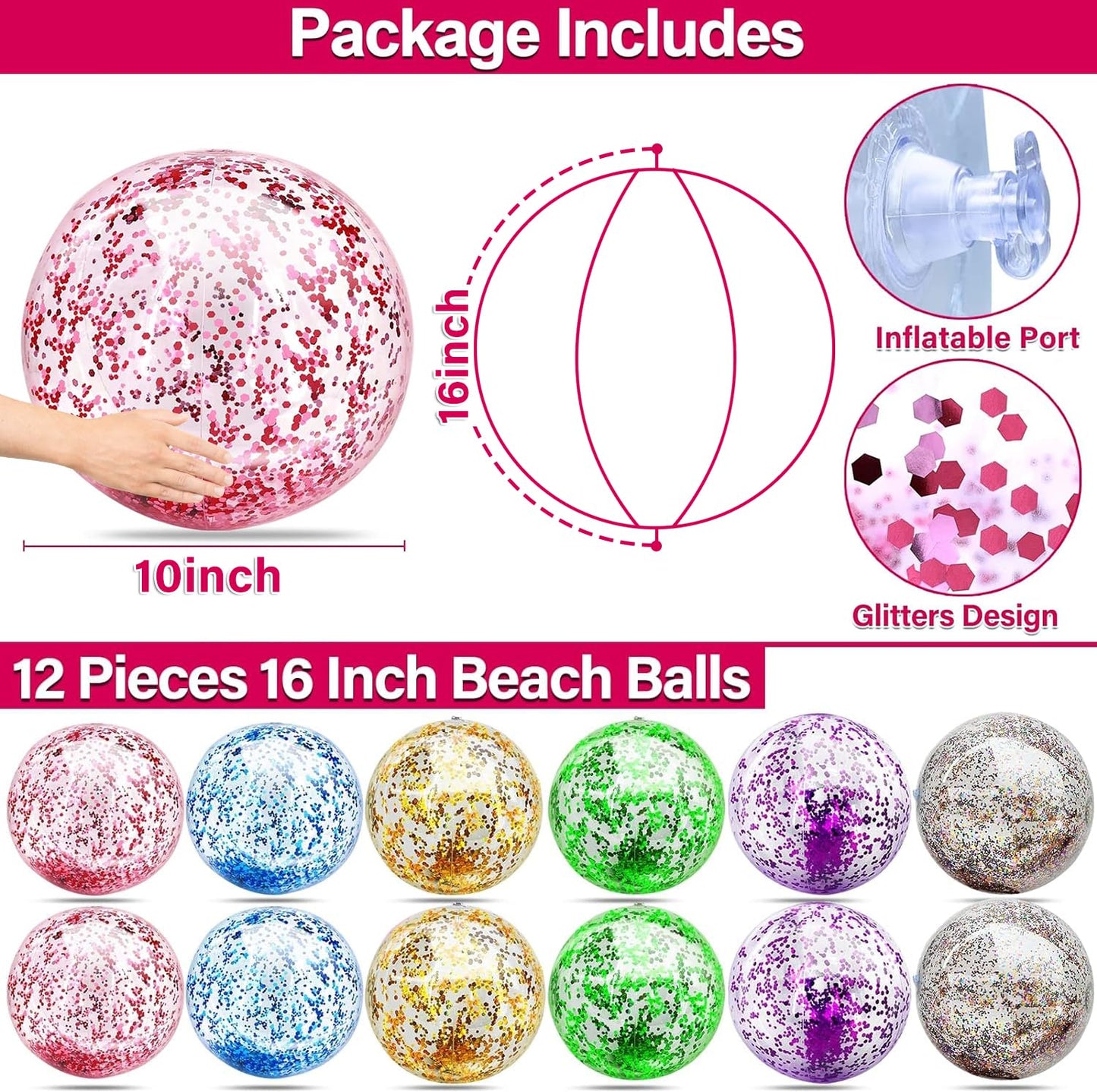 TURNMEON 12 Pack Glitter Beach Balls 16-Inch | Inflatable Pool & Beach Toys Bulk