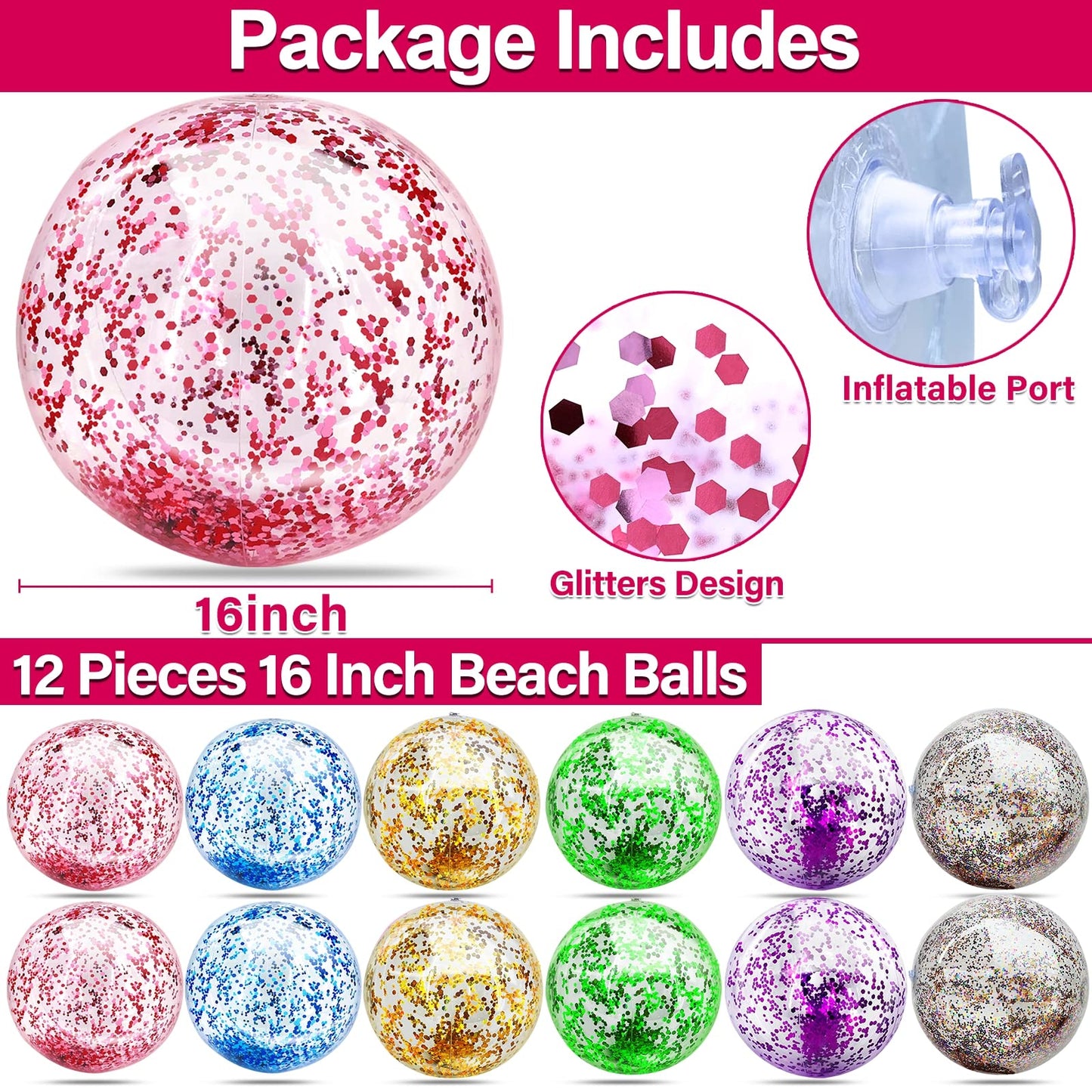 TURNMEON 12 Pack Glitter Beach Balls 16-Inch | Inflatable Pool & Beach Toys Bulk