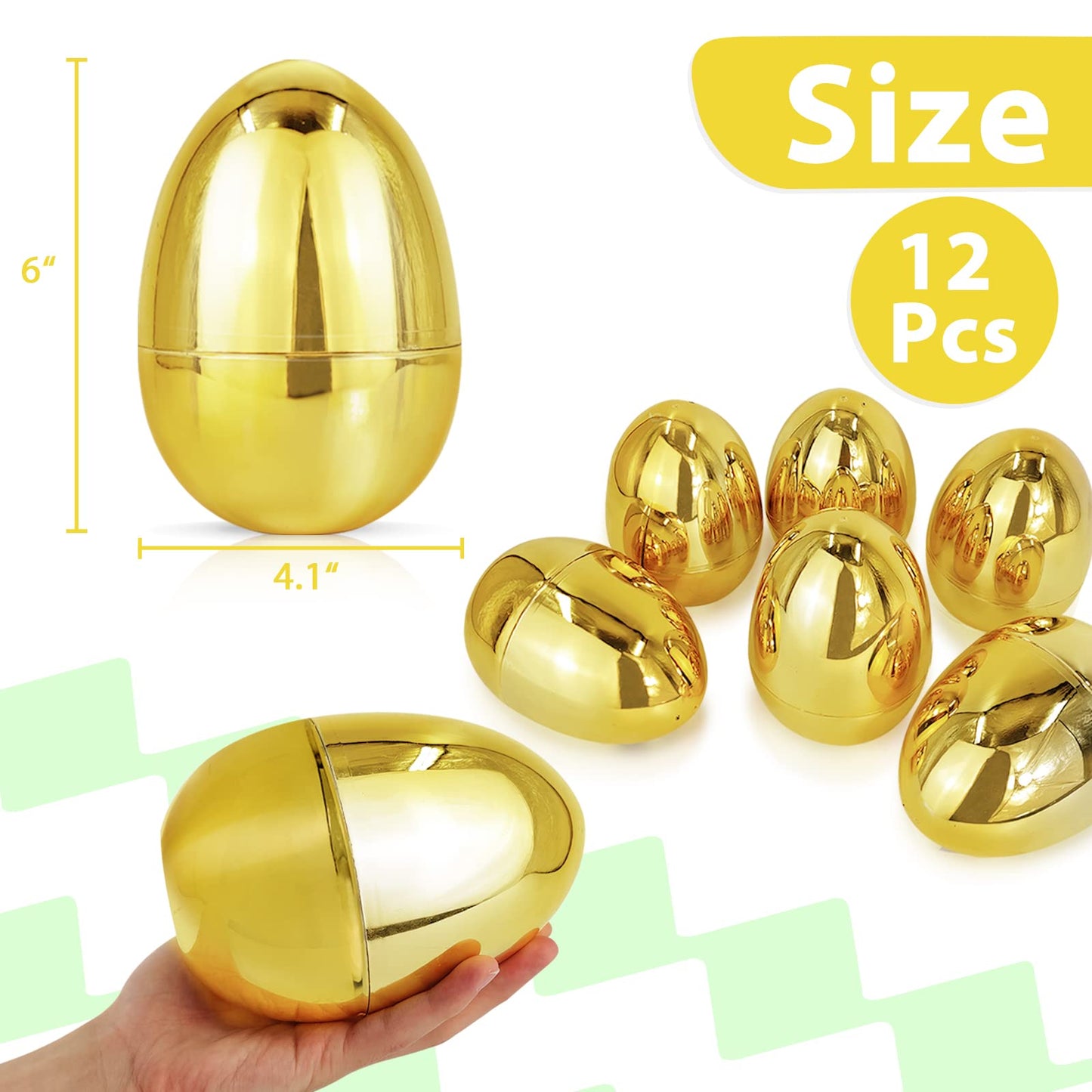 TURNMEON 12 Pack 6-Inch Golden Fillable Easter Eggs | Jumbo Plastic Eggs for Treats, Hunts & Gifts