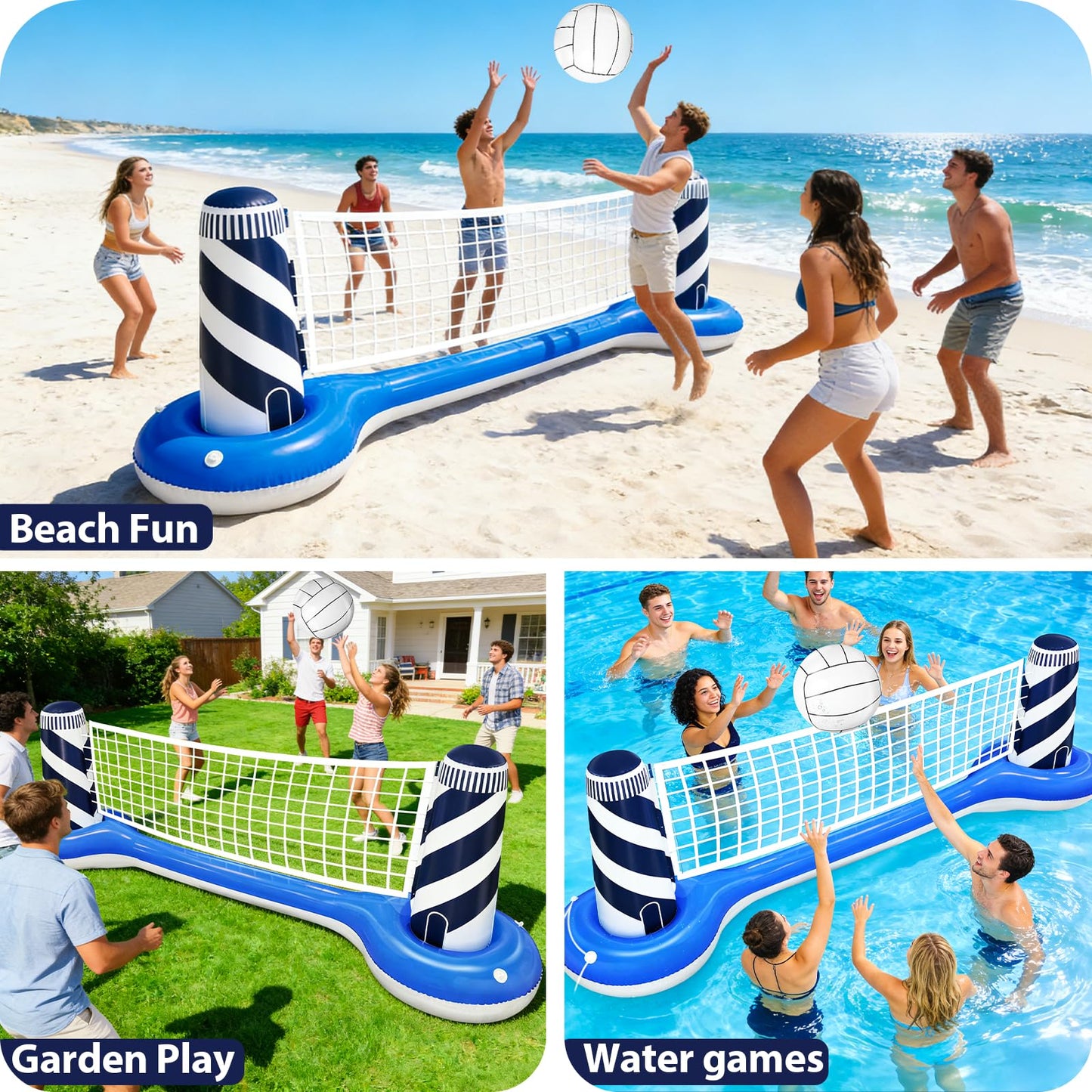 TURNMEON Inflatable Pool Volleyball Net Set with 19-inch Ball & Lighthouse Design – 112-inch x 26-inch x 35-inch Pool Games for Adults