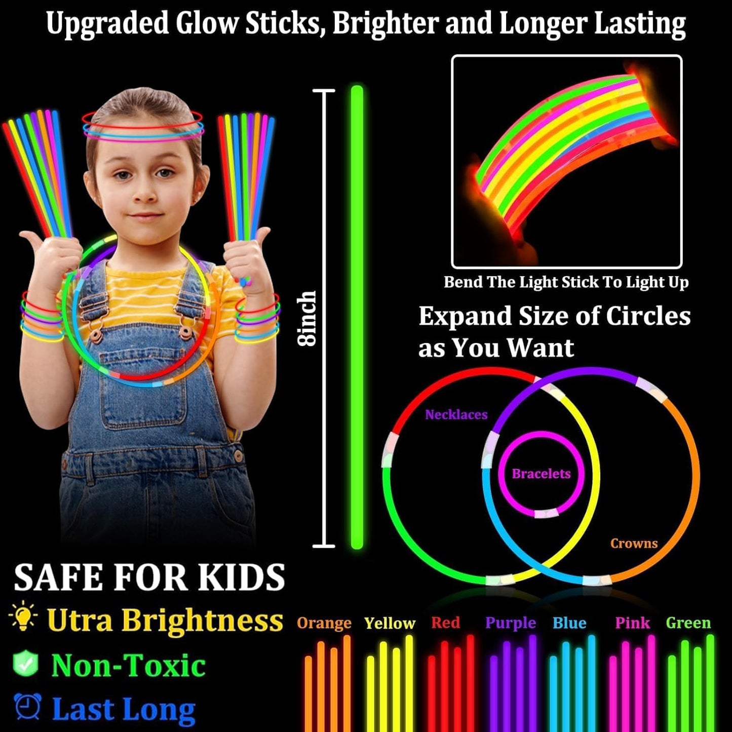 TURNMEON 500-Pack Ultra Bright Glow Sticks — 7 Colors, 14-Hour Glow, Connectors Included
