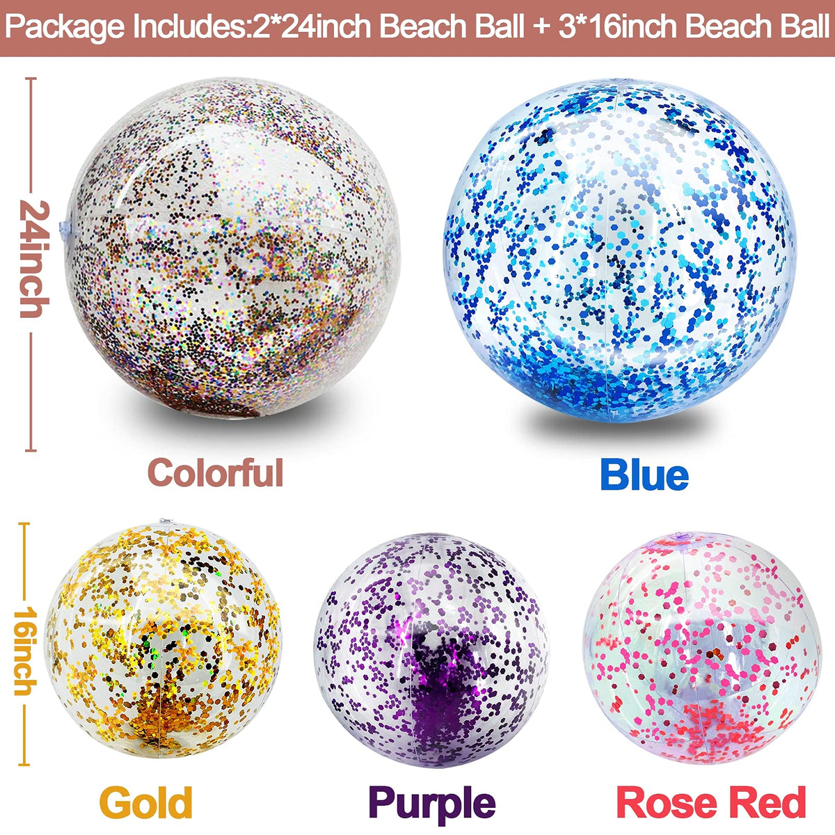 TURNMEON 5-Piece Glitter Beach Ball Set – 16-inch & 24-inch Confetti Pool Balls