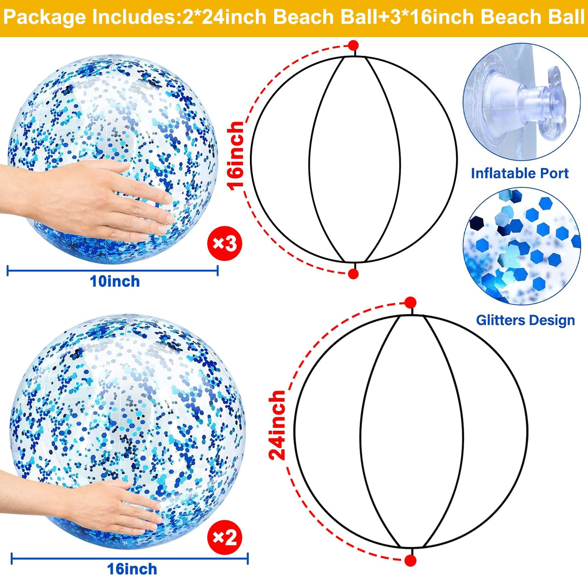 TURNMEON 5 Pcs Inflatable Glitter Beach Balls - 16in & 24in Set