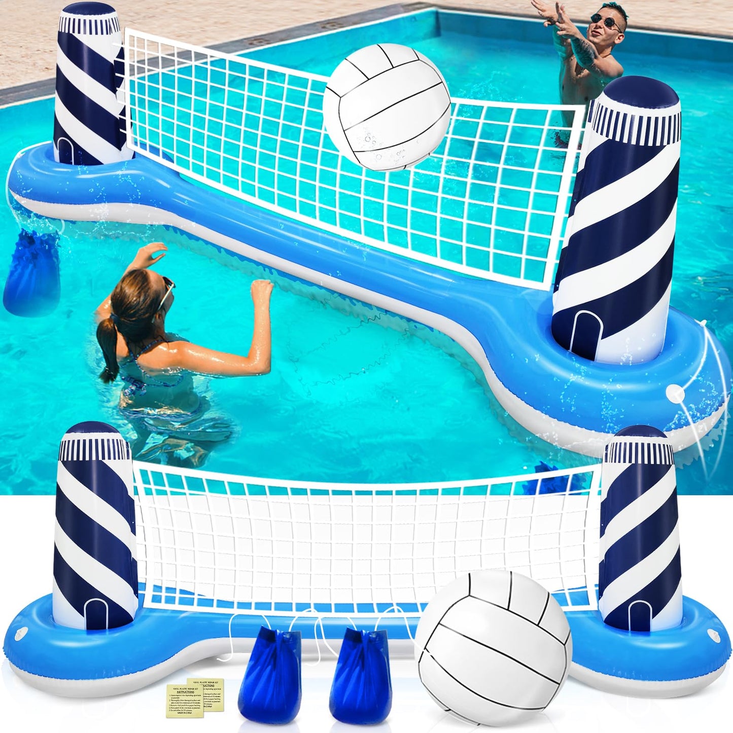 TURNMEON Inflatable Pool Volleyball Net Set with 19-inch Ball & Lighthouse Design – 112-inch x 26-inch x 35-inch Pool Games for Adults