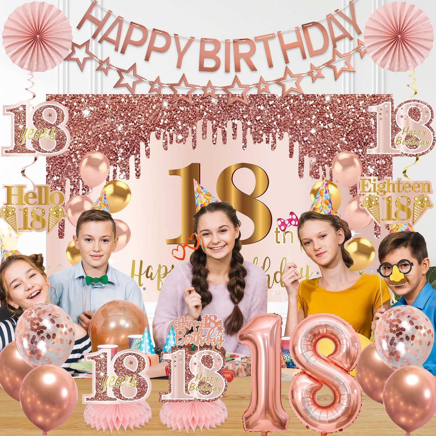Turypaty 18th Birthday Decorations for Girls - Pink Rose Gold Banner, Balloons & Centerpieces