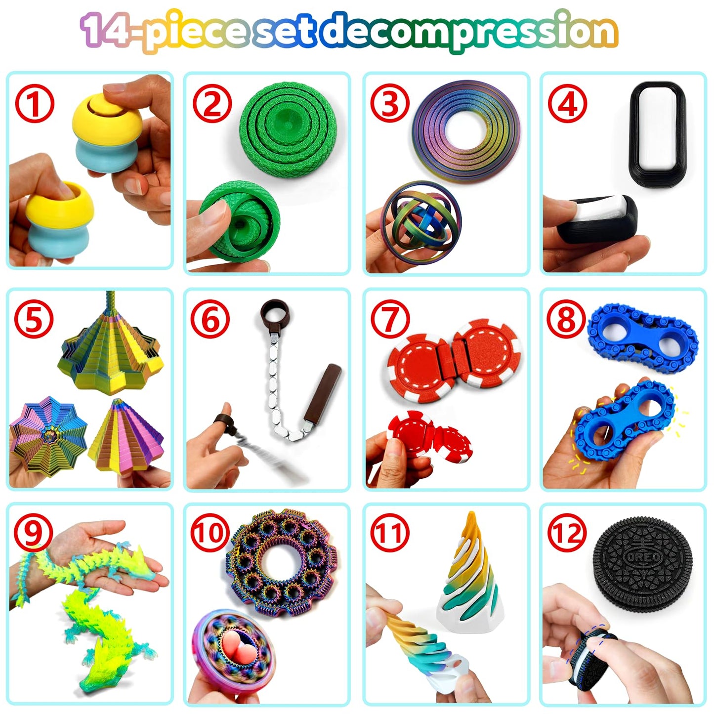 TUTHKOTH 14-in-1 3D Printed Fidget Set for Adults | Focus, Sensory Stimulation & Stress Relief