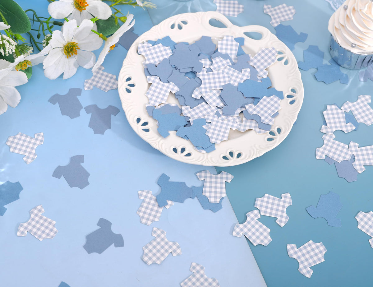 Tutotu Blue Bodysuit Confetti – Blue Gingham Baby Shower Decor & Onsie Theme