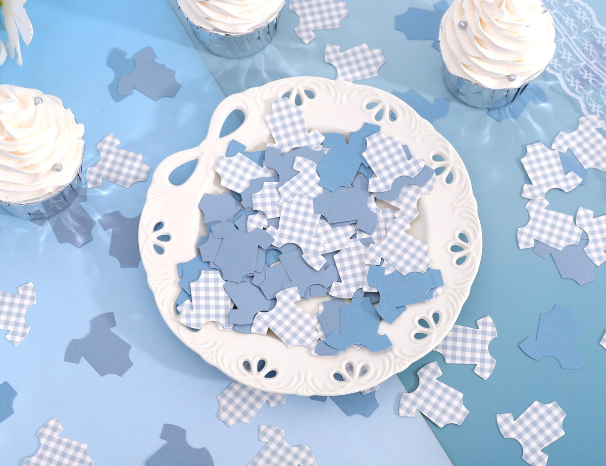 Tutotu Blue Bodysuit Confetti – Blue Gingham Baby Shower Decor & Onsie Theme