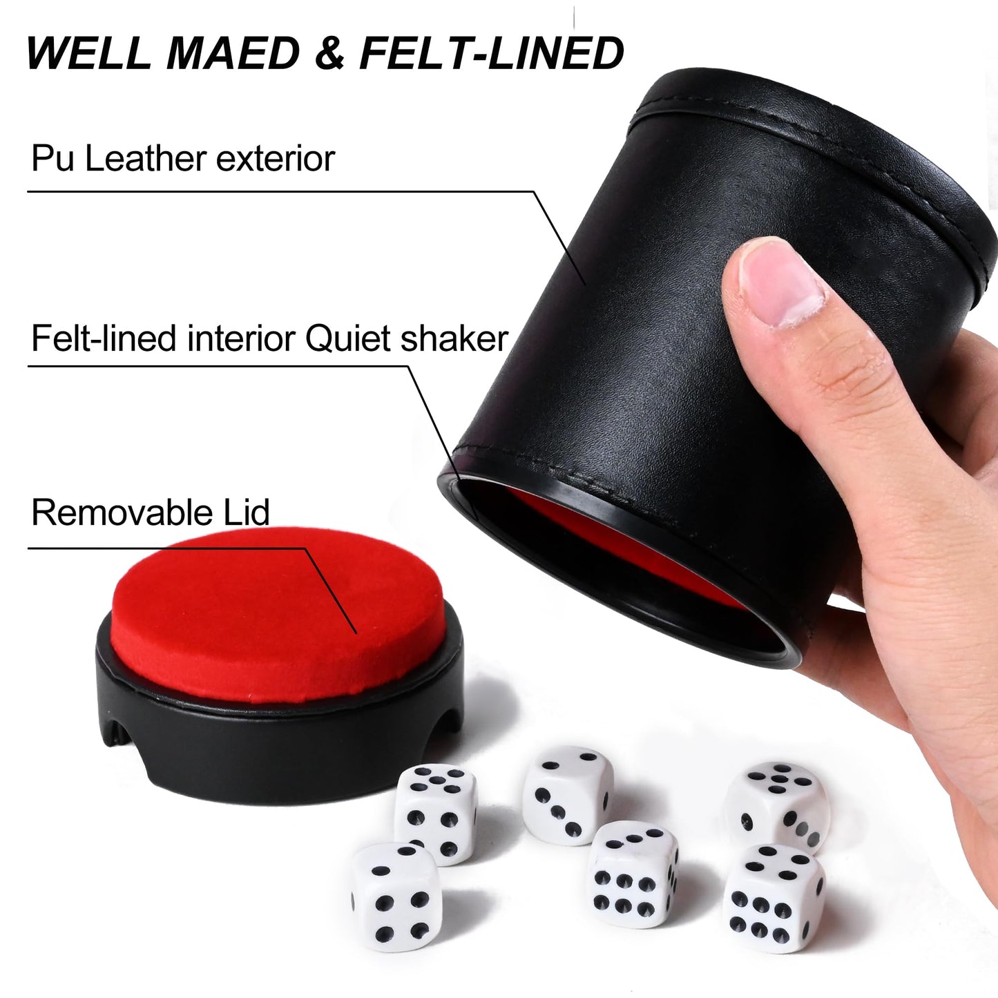 TUZAMA Dice Cup with Lid – PU Leather, Felt-Lined, 6 Dice Included