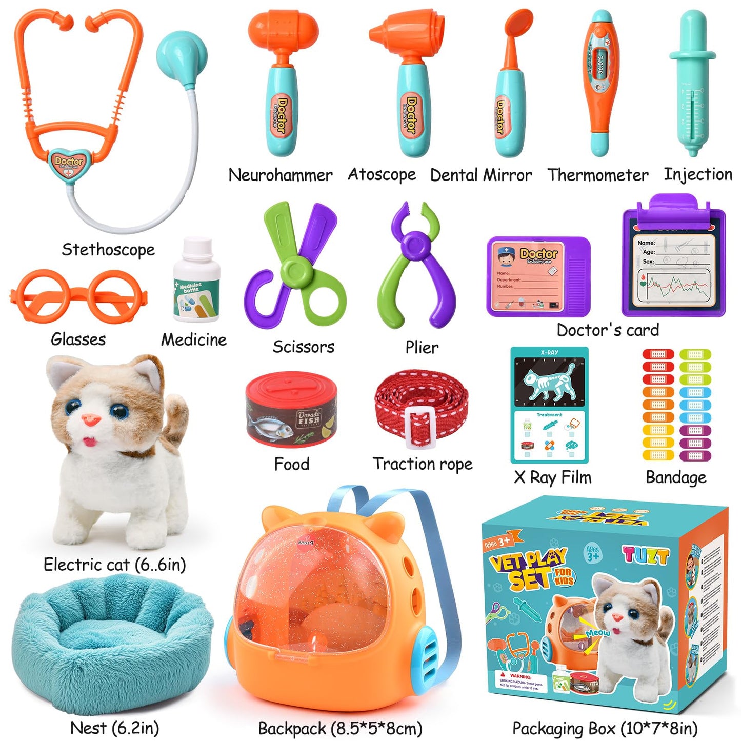 TUZT 17PCS Interactive Cat Toys – Veterinarian Playset for Kids 3-8