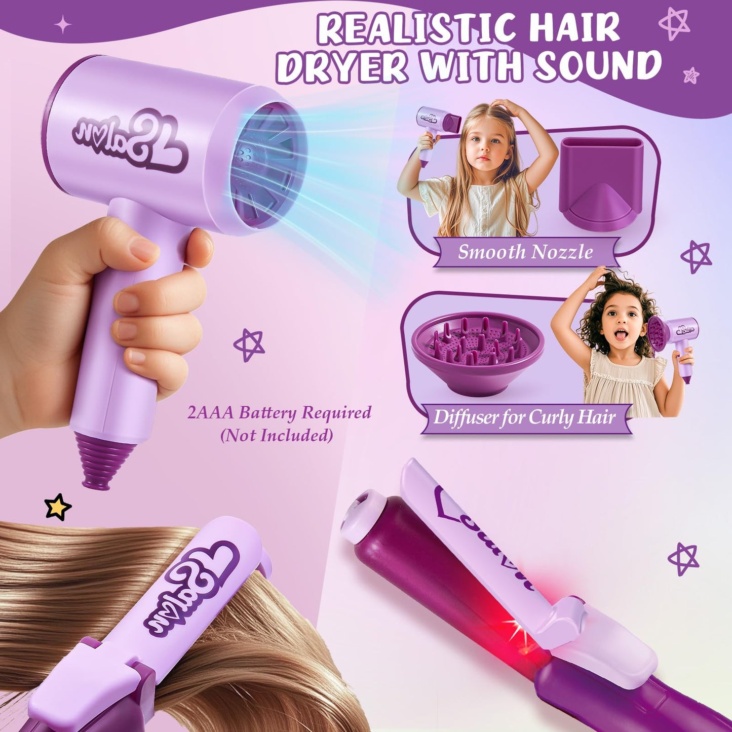 TUZT Hair Styling Doll Head Kit for Kids — 34-Piece Salon Playset with Realistic Dryer & Curling Iron