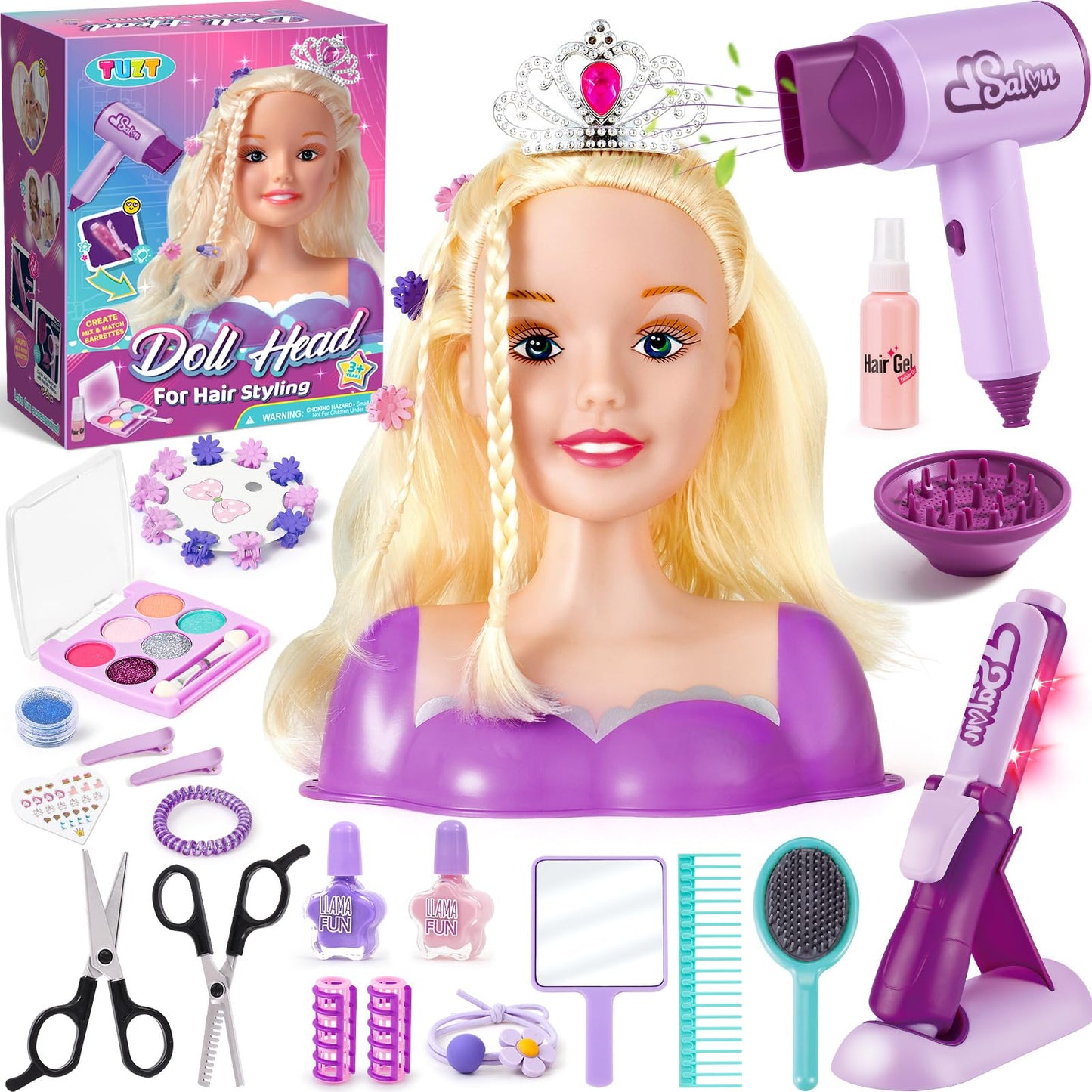 TUZT Hair Styling Doll Head Kit for Kids — 34-Piece Salon Playset with Realistic Dryer & Curling Iron