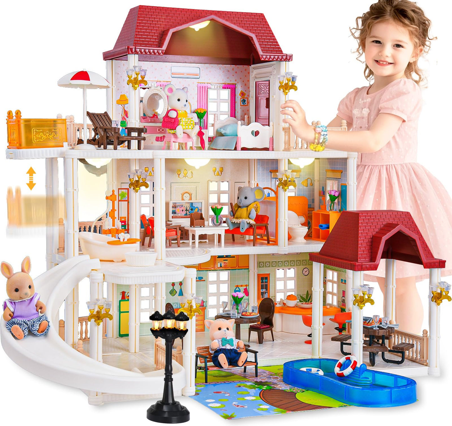 TUZT 3-Story Doll House with 45 Pcs Furniture & 4 Animal Dolls