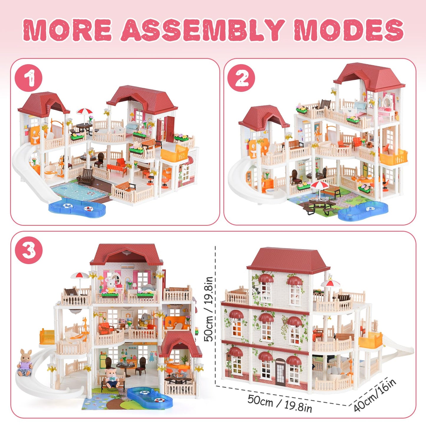 TUZT 3-Story Doll House with 45 Pcs Furniture & 4 Animal Dolls