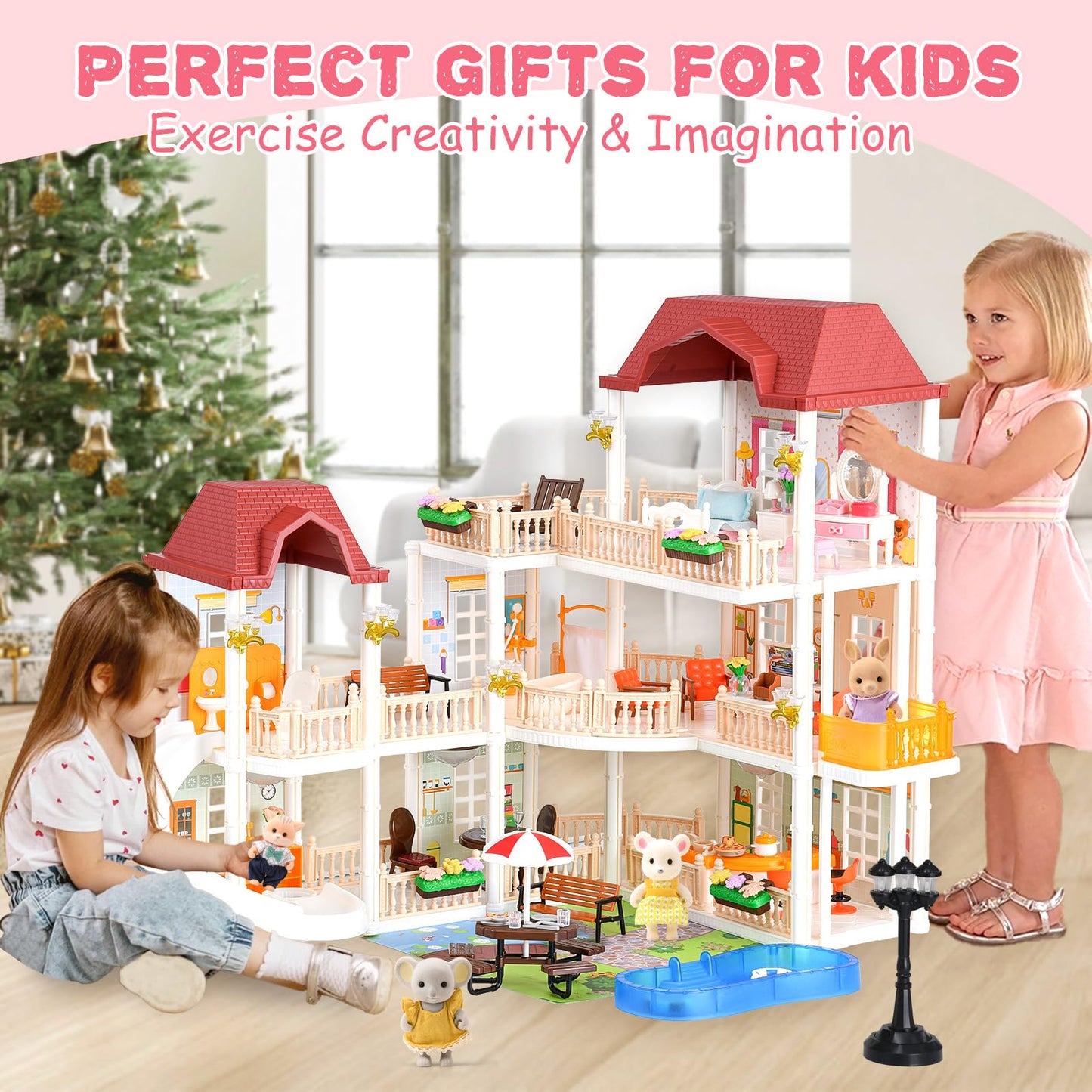 TUZT 3-Story Doll House with 45 Pcs Furniture & 4 Animal Dolls