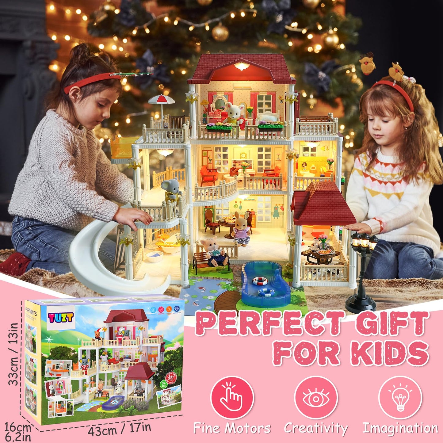 TUZT 3-Story Doll House with 45 Pcs Furniture & 4 Animal Dolls