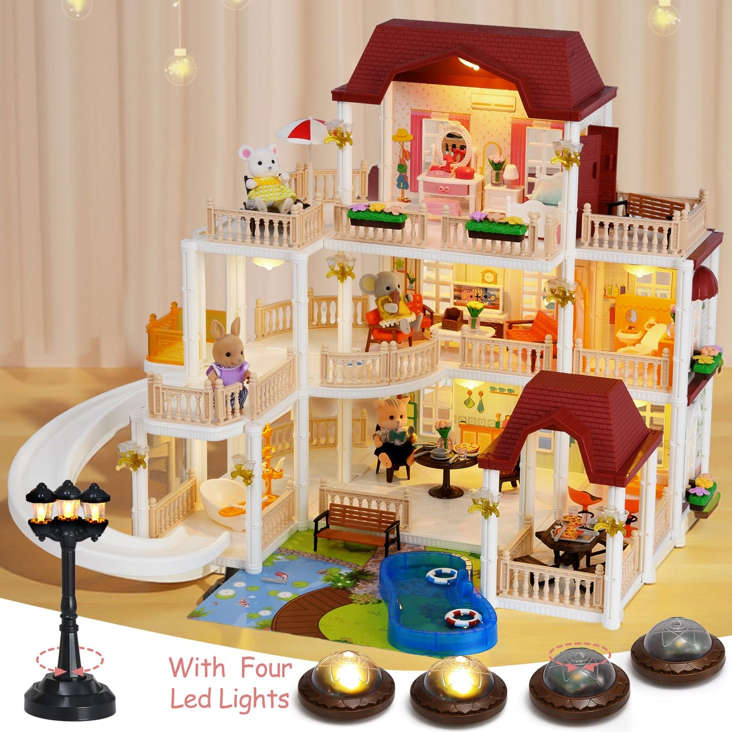 TUZT 3-Story Doll House with 45 Pcs Furniture & 4 Animal Dolls