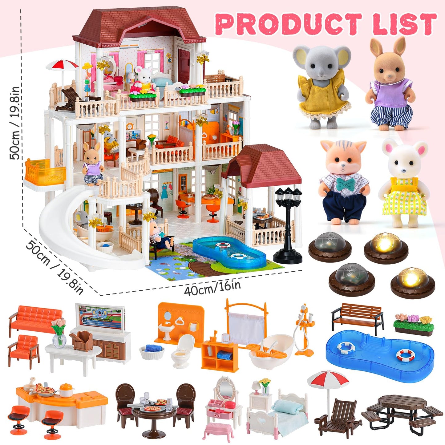 TUZT 3-Story Doll House with 45 Pcs Furniture & 4 Animal Dolls