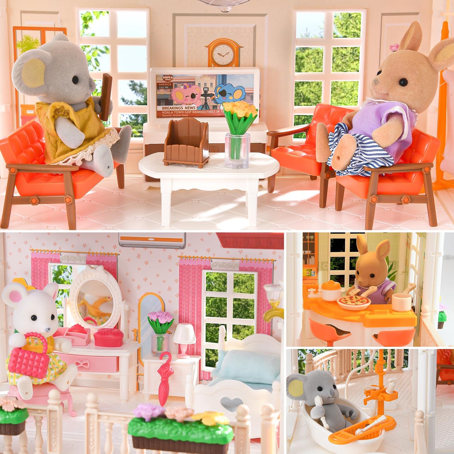 TUZT 3-Story Doll House with 45 Pcs Furniture & 4 Animal Dolls