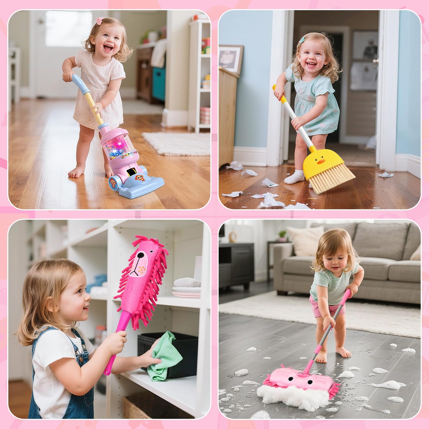 TUZT Kids Cleaning Toys Playset – 6-Piece Pretend Vacuum with Lights & Sound for Toddlers