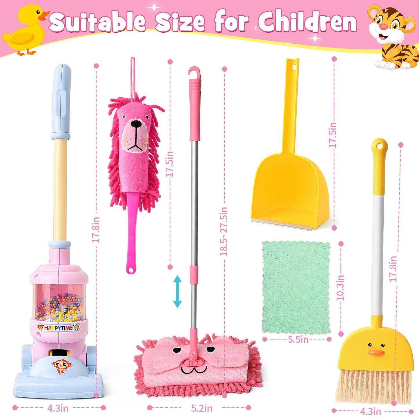 TUZT Kids Cleaning Toys Playset – 6-Piece Pretend Vacuum with Lights & Sound for Toddlers