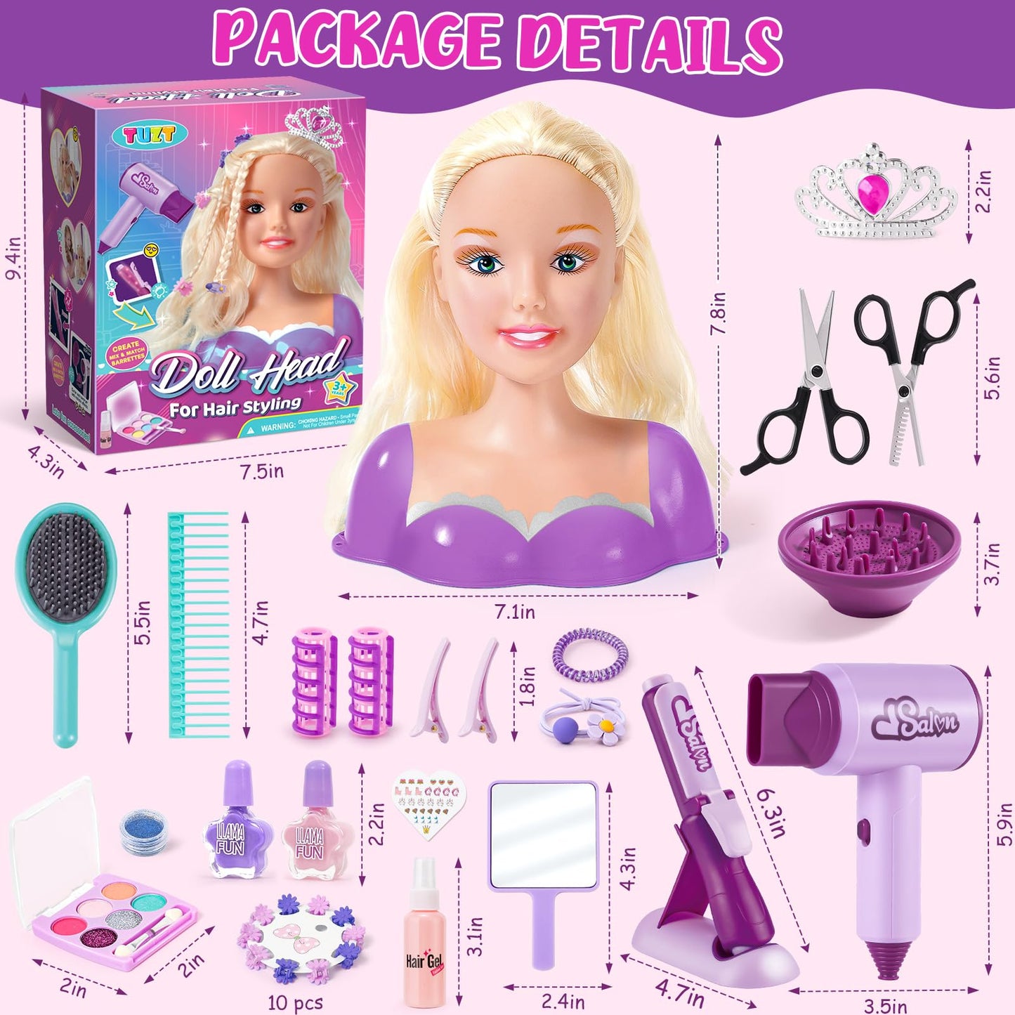 TUZT Hair Styling Doll Head Kit for Kids — 34-Piece Salon Playset with Realistic Dryer & Curling Iron