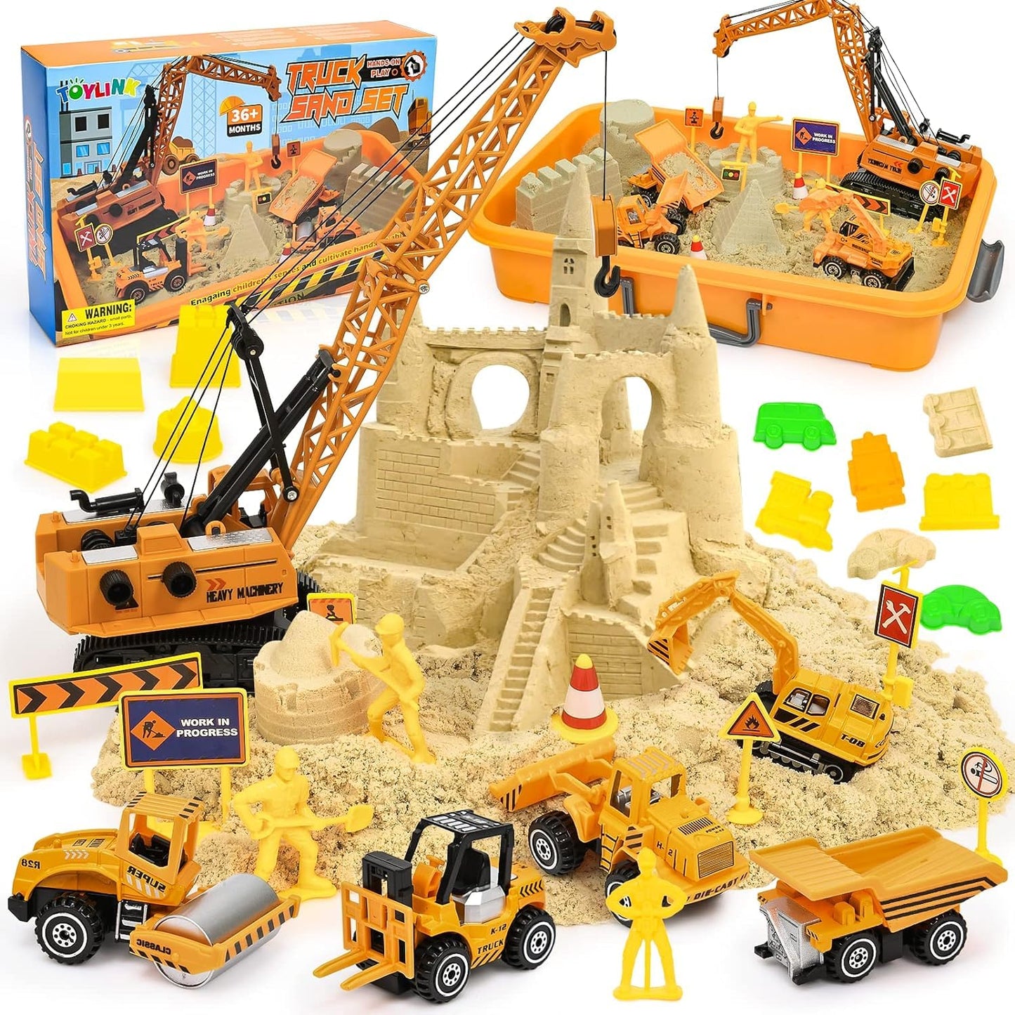 TUZT Kids Construction Sensory Bin Play Sand Kit – 3.1 lb Sand, Tower Crane & Trucks for Ages 3-8