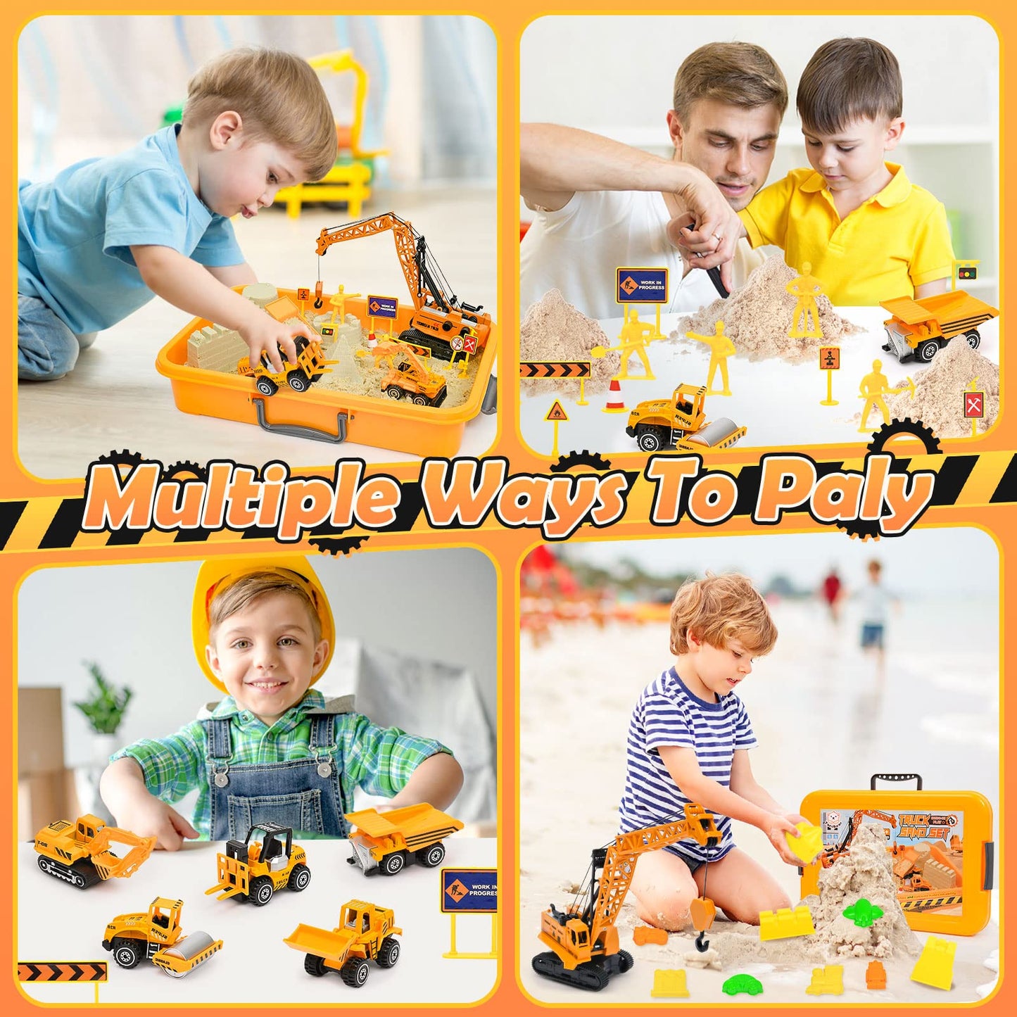 TUZT Kids Construction Sensory Bin Play Sand Kit – 3.1 lb Sand, Tower Crane & Trucks for Ages 3-8