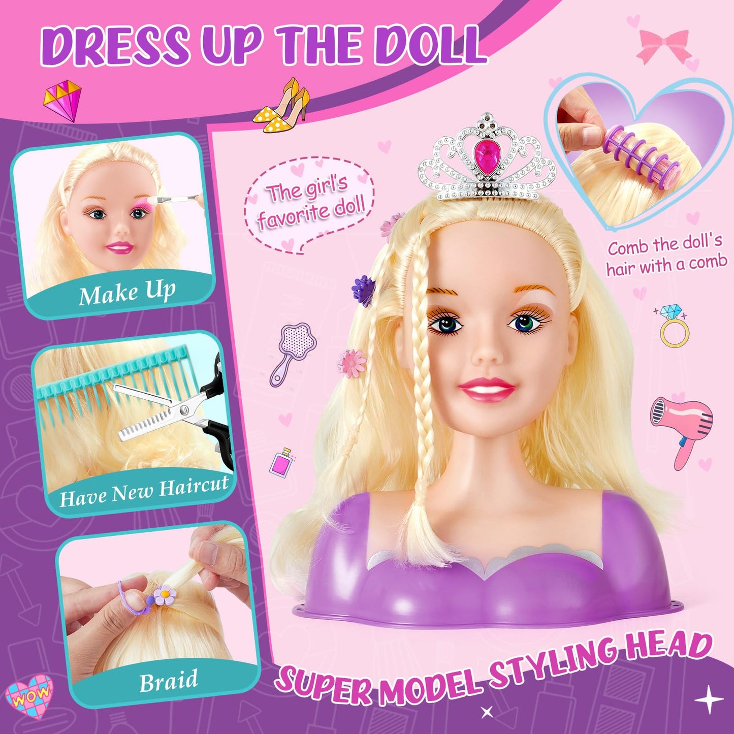 TUZT Hair Styling Doll Head Kit for Kids — 34-Piece Salon Playset with Realistic Dryer & Curling Iron