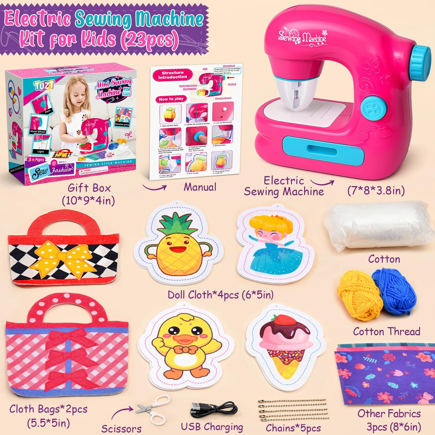 TUZT Mini Sewing Machine Toy Kit for Kids 4-12 | 22-Piece Portable Sewing Set