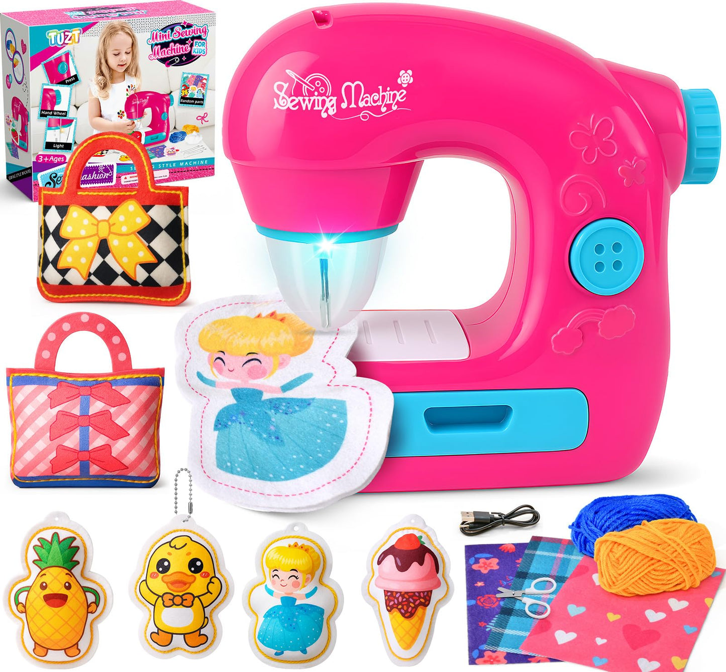 TUZT Mini Sewing Machine Toy Kit for Kids 4-12 | 22-Piece Portable Sewing Set