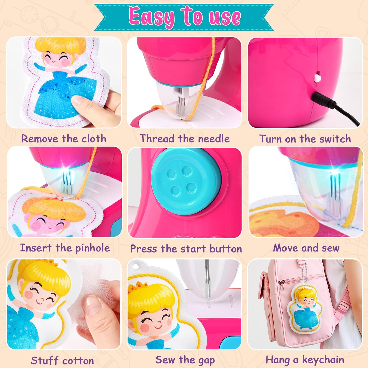 TUZT Mini Sewing Machine Toy Kit for Kids 4-12 | 22-Piece Portable Sewing Set