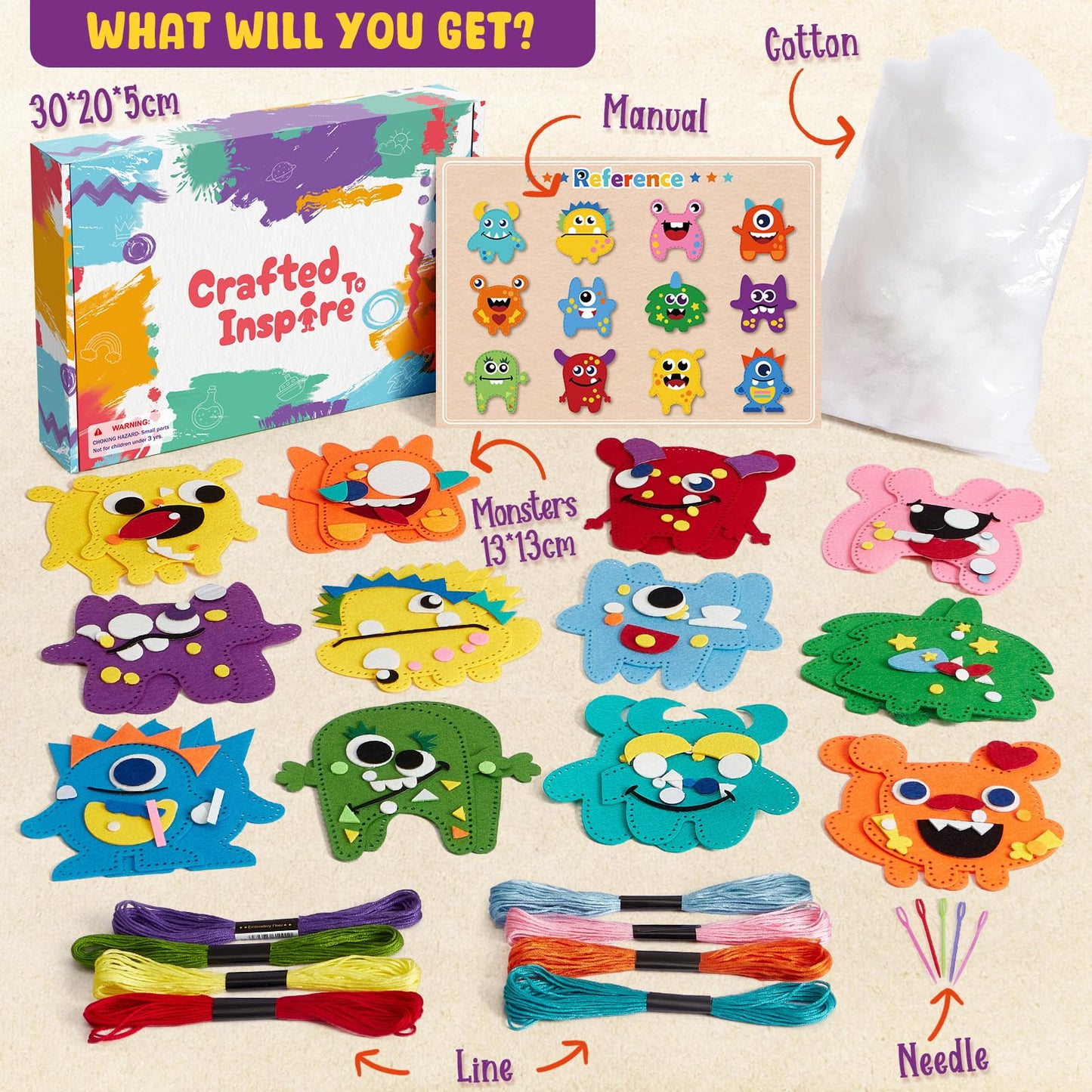 TUZT My First Sewing Kit for Kids – Monster Plush Crafts for Beginners (12 Pre-Cut Monsters)