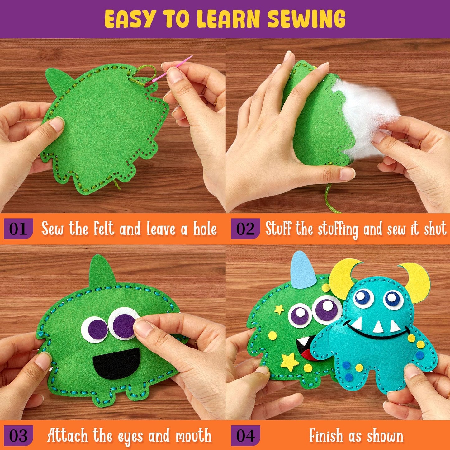 TUZT My First Sewing Kit for Kids – Monster Plush Crafts for Beginners (12 Pre-Cut Monsters)