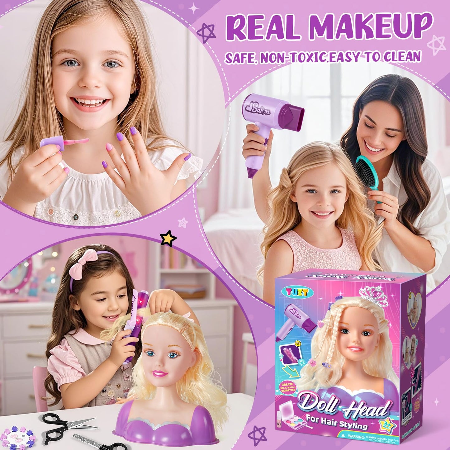 TUZT Hair Styling Doll Head Kit for Kids — 34-Piece Salon Playset with Realistic Dryer & Curling Iron
